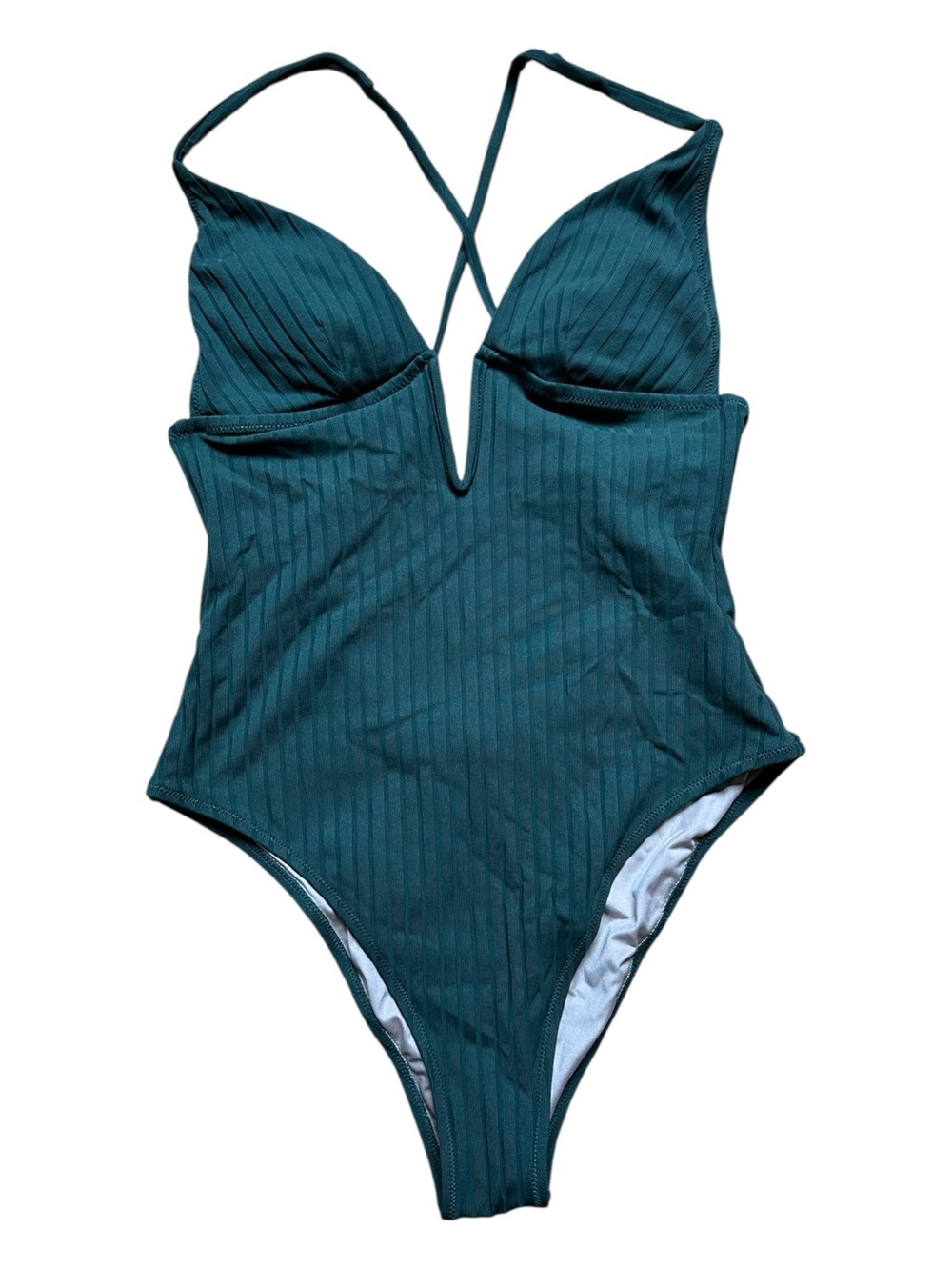 Ribbed Deep V One-Piece French Cut Swimsuit - Forest Green